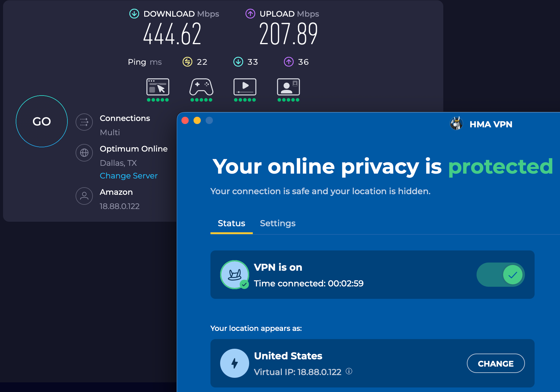 Speed test results for HMA while connected to a Dallas server (444.62 download, 207.80 upload, and 22 latency)