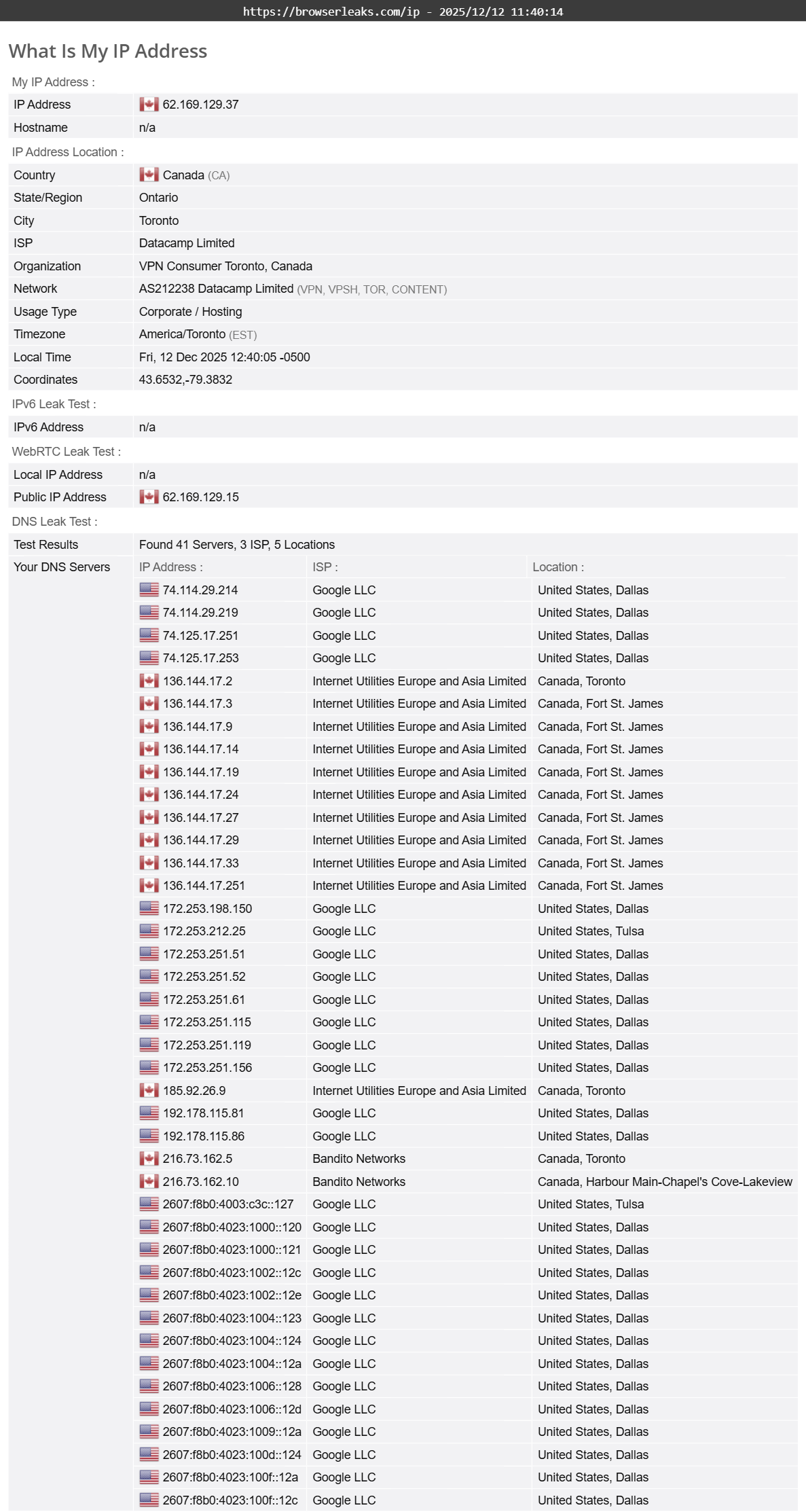 Opera VPN Pro's DNS leak test results (passed).