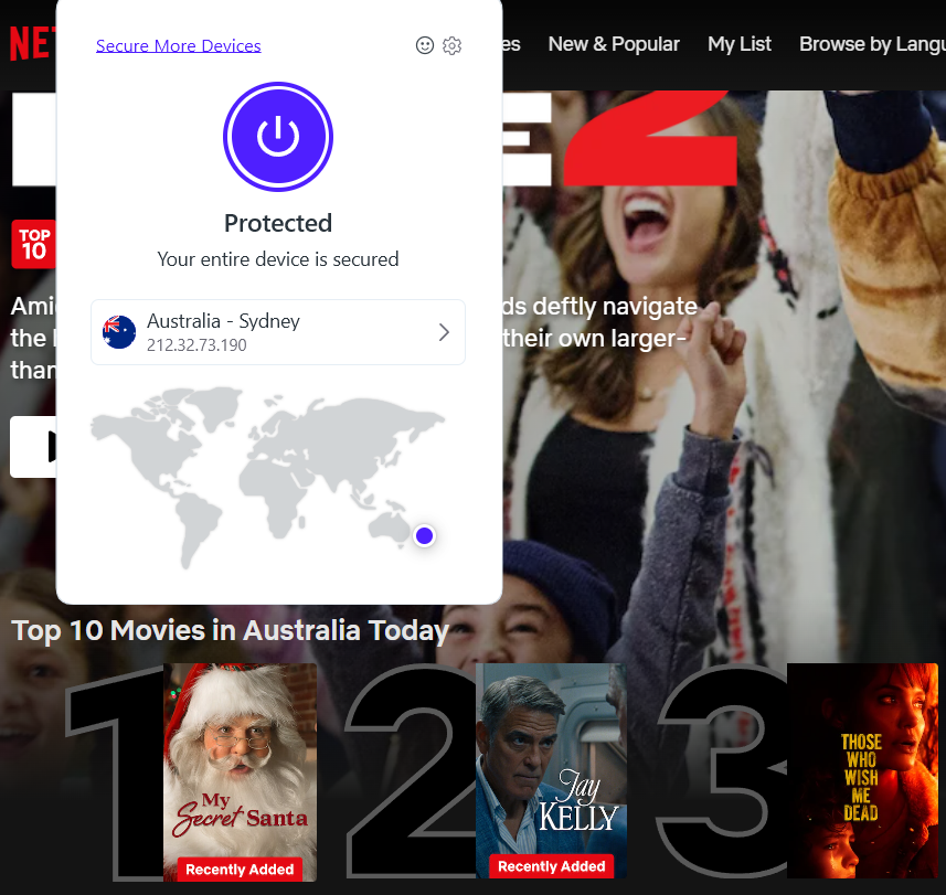 Netflix list of top shows in Australia today with Opera VPN Pro in the foreground