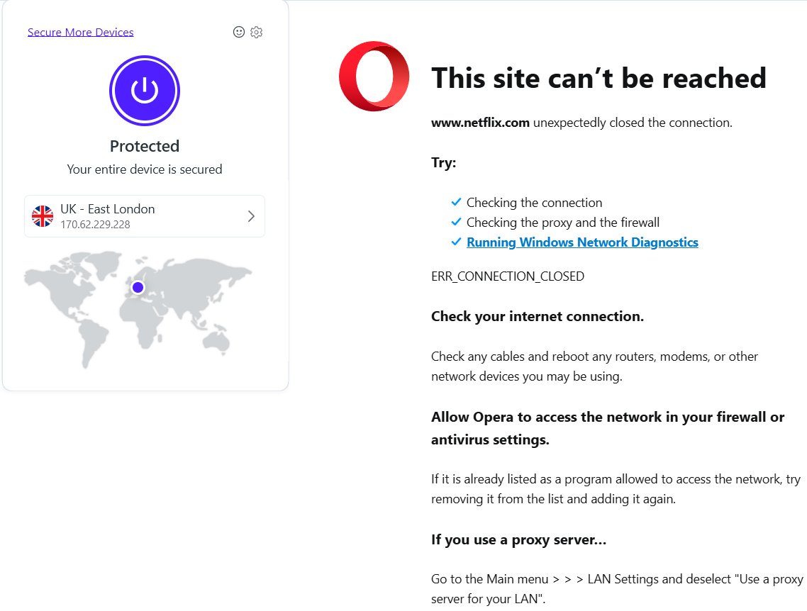 Site can't be reached error on Opera with Opera VPN Pro extension open