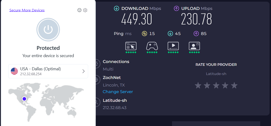 Speed test results for Opera VPN Pro while connected to a server in Dallas (449.30 download, 230.78 upload, 15 latency)