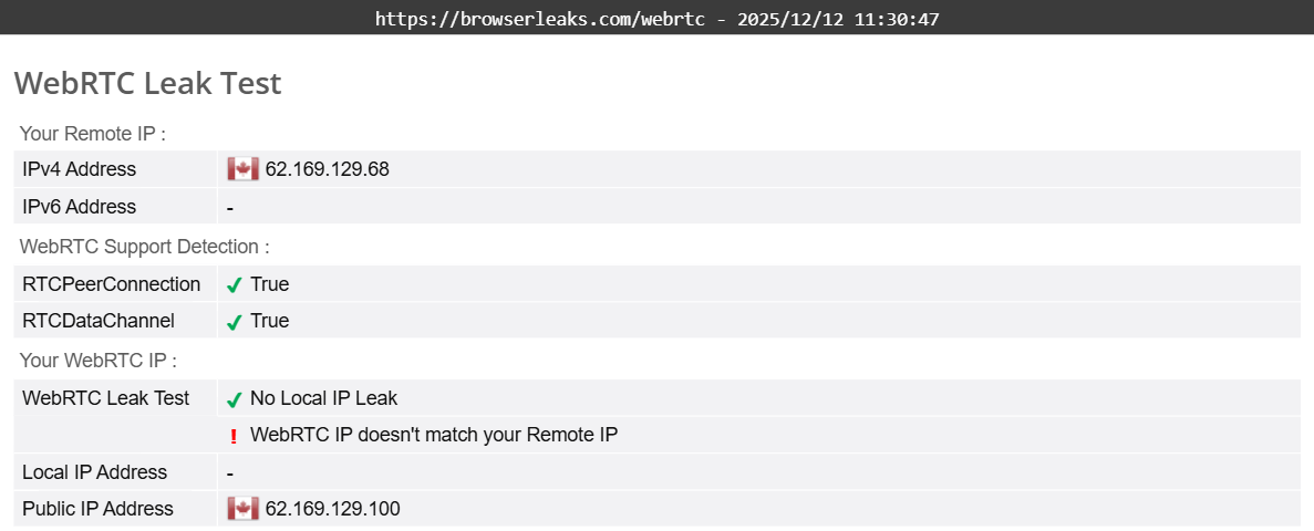 Opera VPN Pro's WebRTC leak test results (partial).