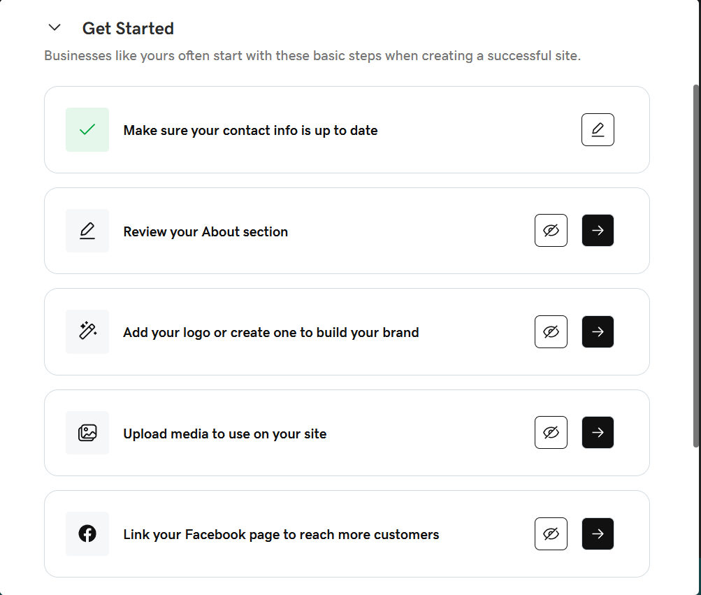 GoDaddy list of steps to get started on building website