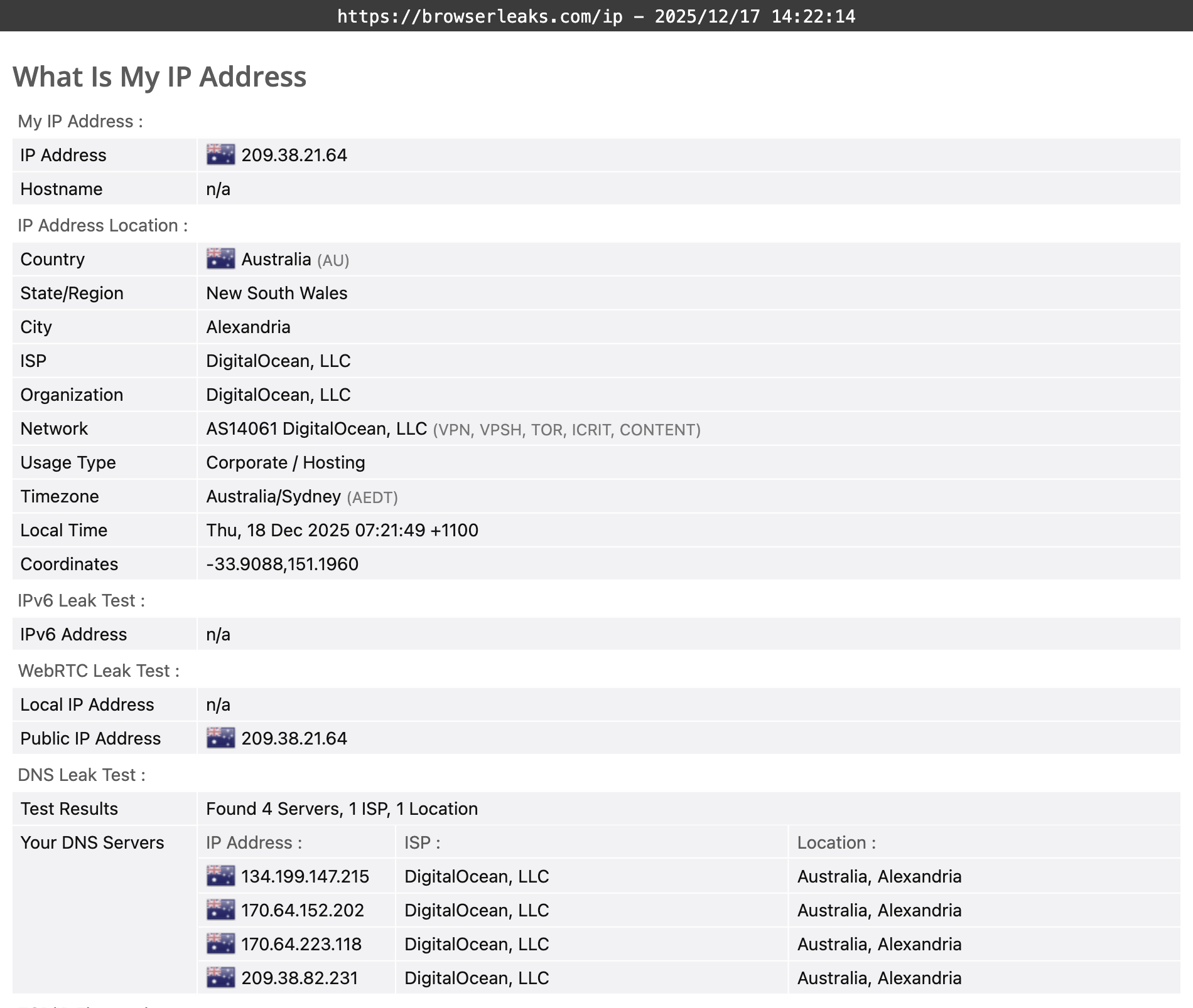 Turbo VPN's DNS leak test results (passed)