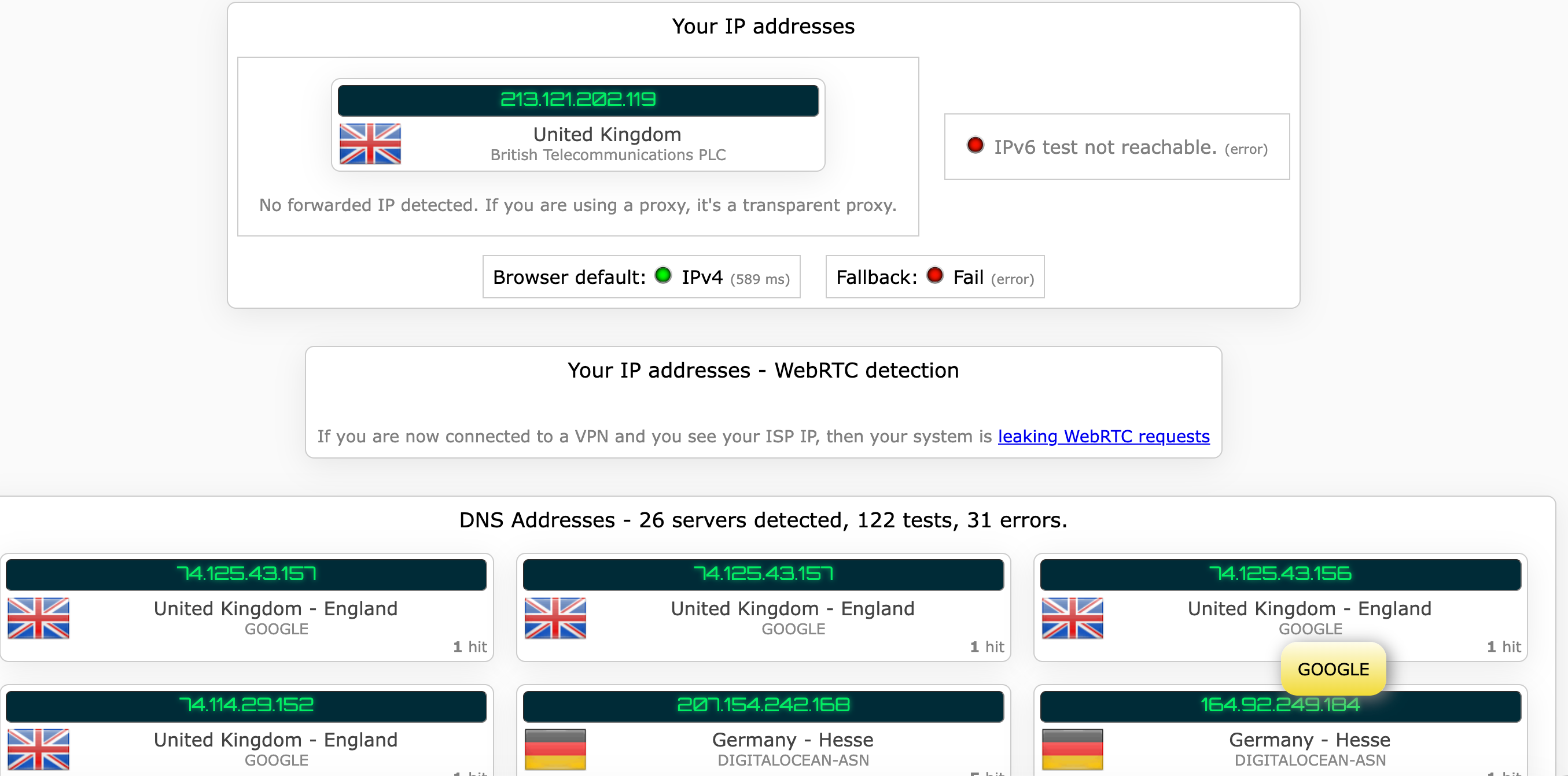 Turbo VPN's kill switch test results (passed).