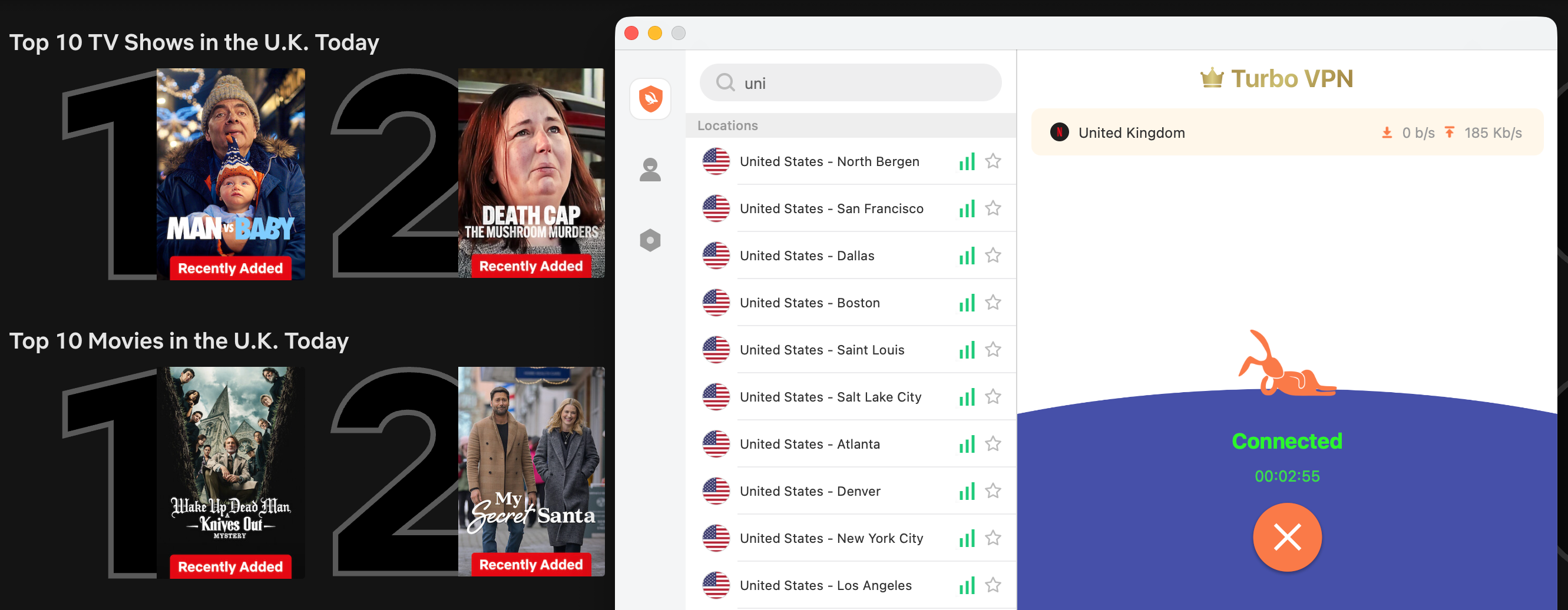 Netflix list of top shows and movies in the U.K. today with Turbo VPN in the foreground