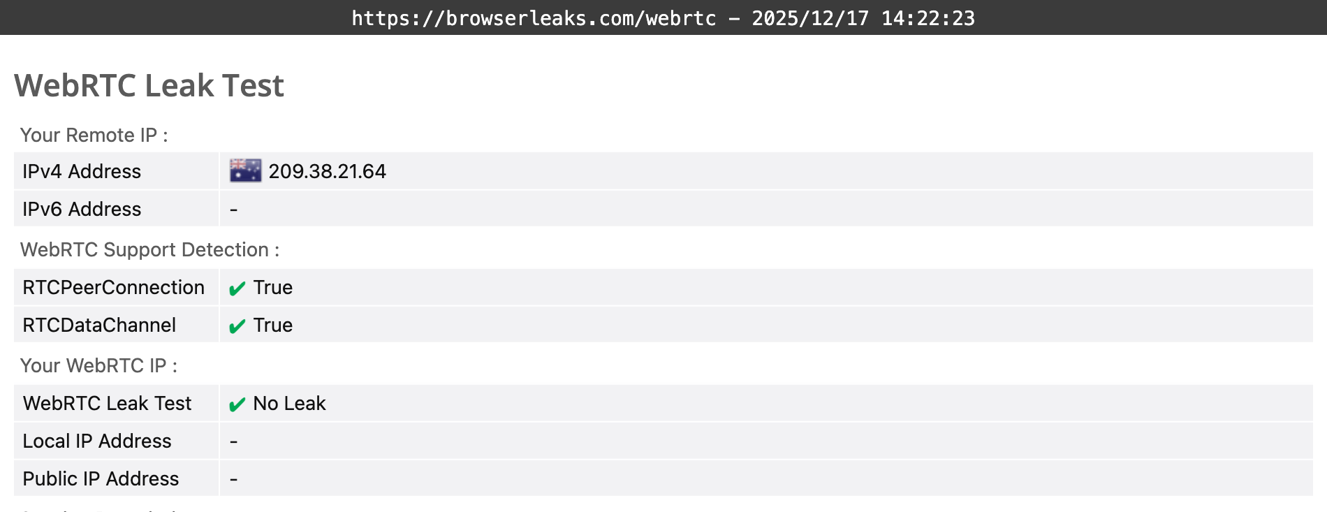 Turbo VPN's WebRTC leak test results (passed)