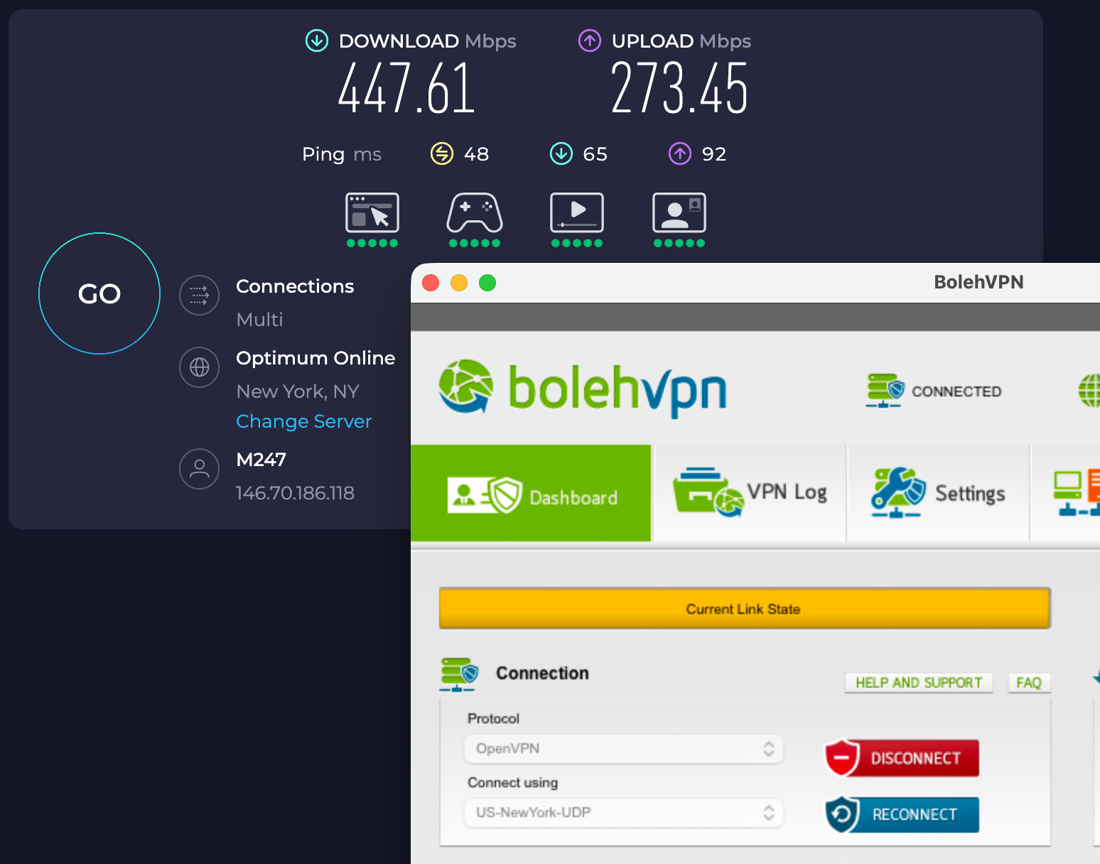Speed test results for BolehVPN connected to a New York server (447.61 download, 273.45 upload, 48 latency).