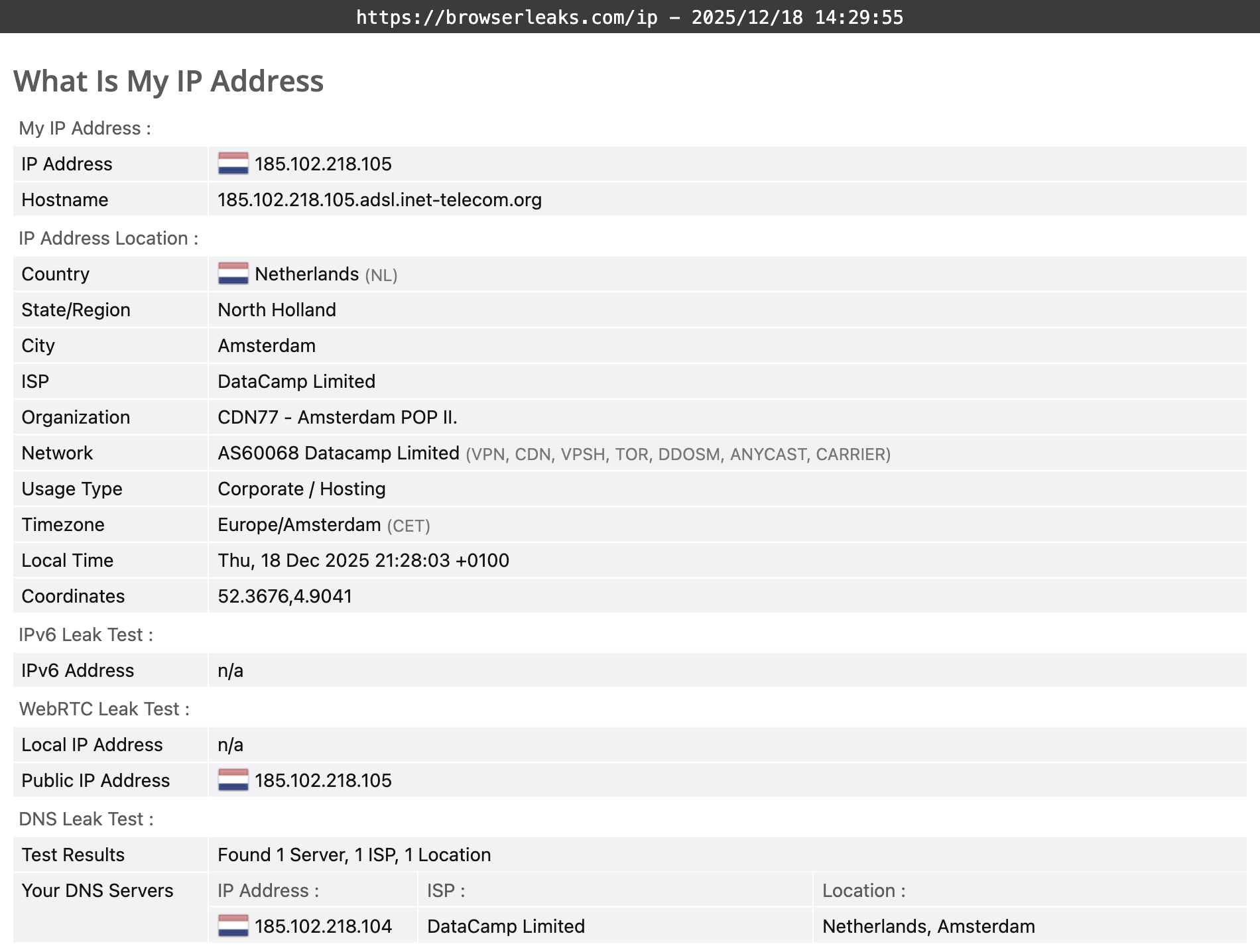 IVPN's DNS leak test results (passed)