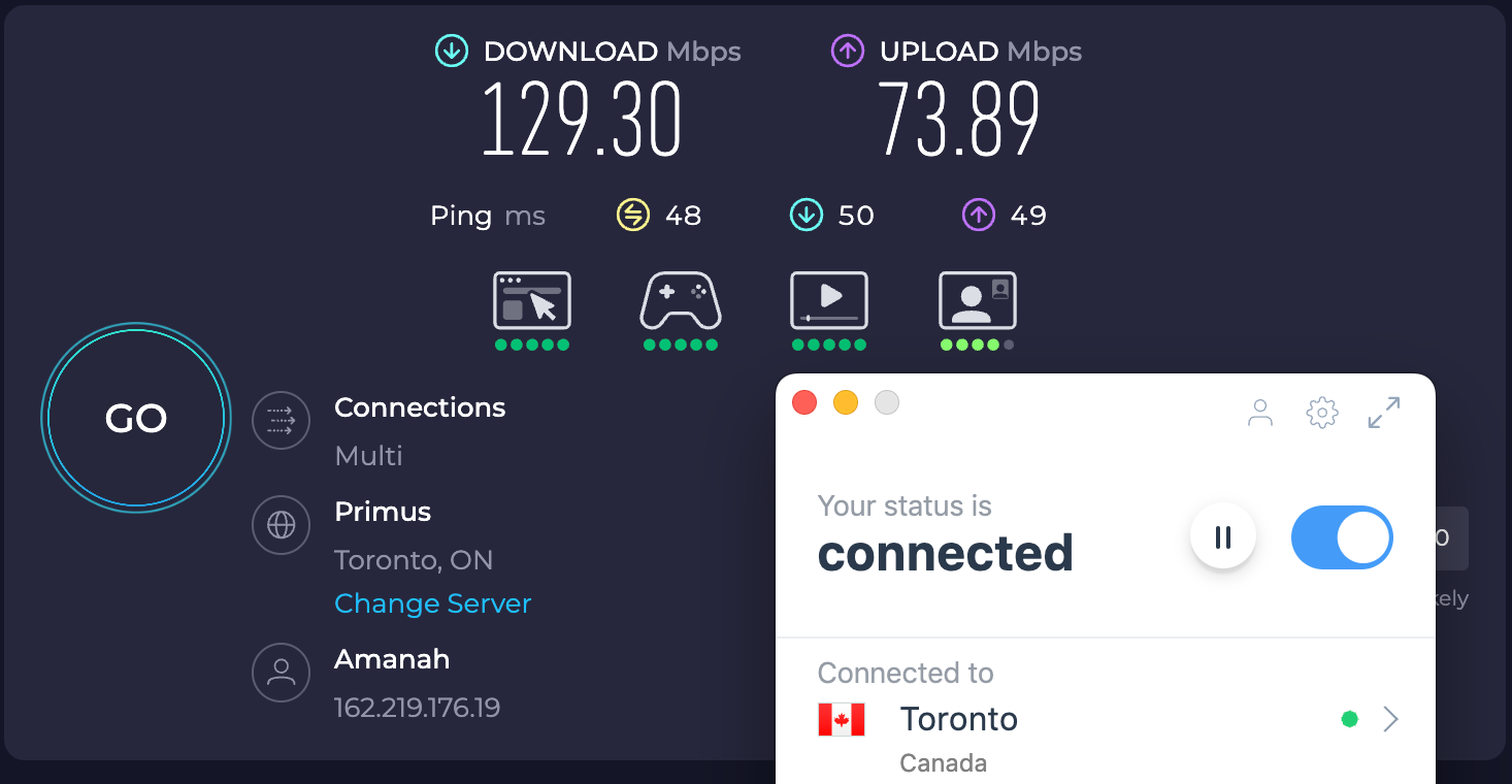 Speed test results for IVPN while connected to a server in Toronto (129.30 download, 73.89 upload, 48 latency).