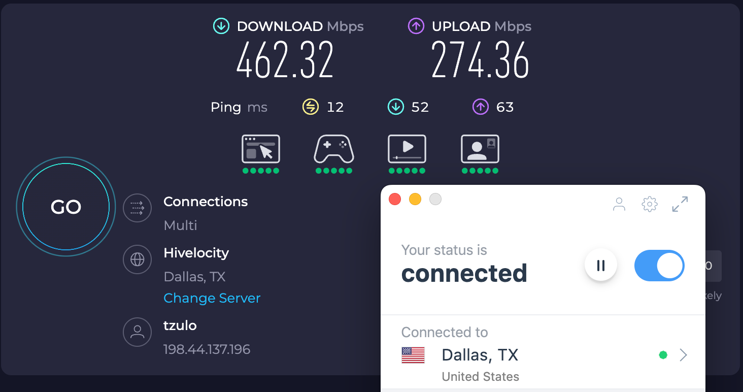 Speed test results for IVPN while connected to a server in Dallas (462.32 download, 274.36 upload, 12 latency).