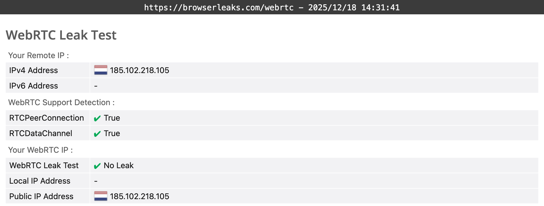 IVPN's WebRTC leak test results (passed)