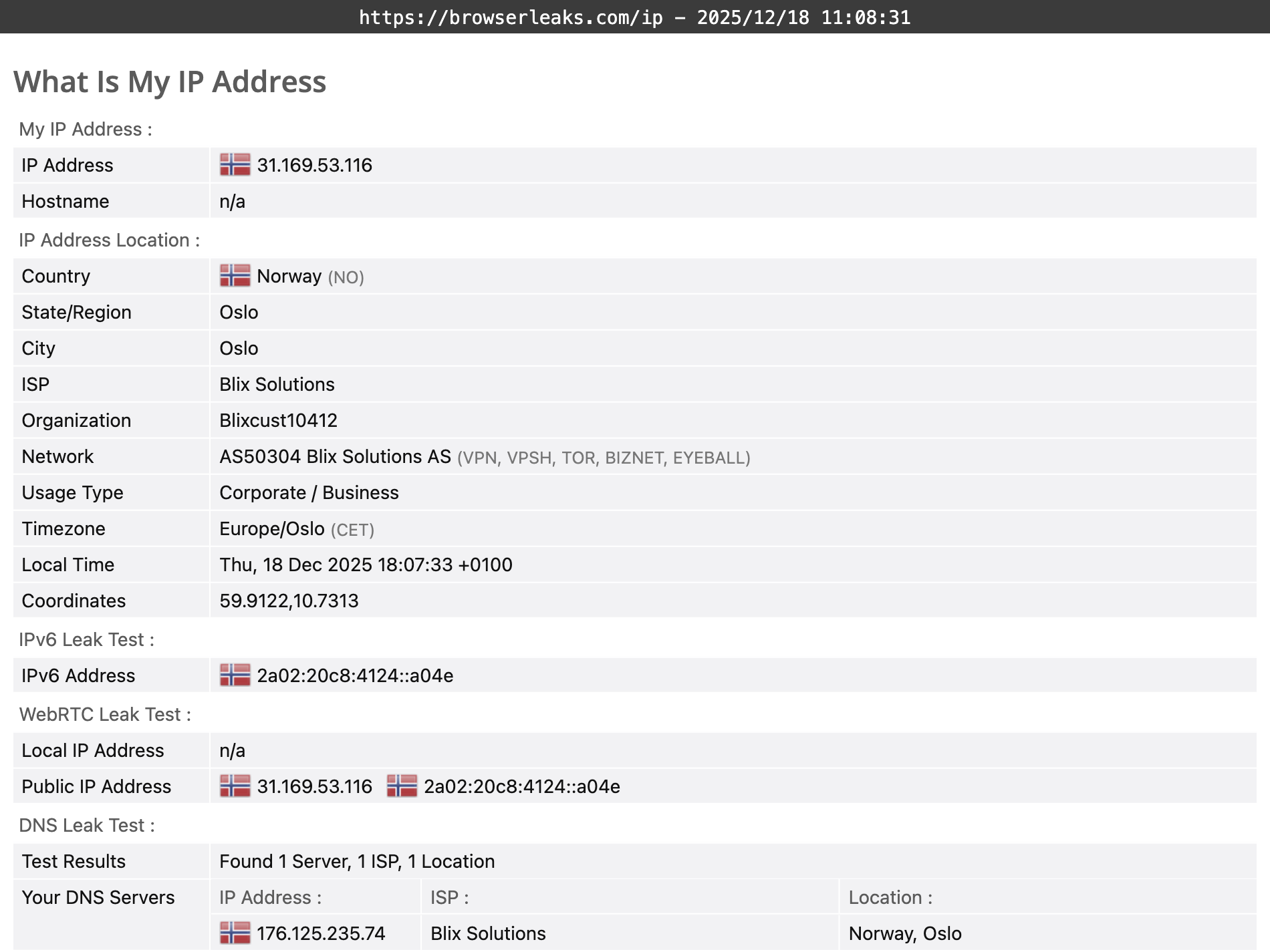 Mozilla VPN's DNS leak test results (passed)