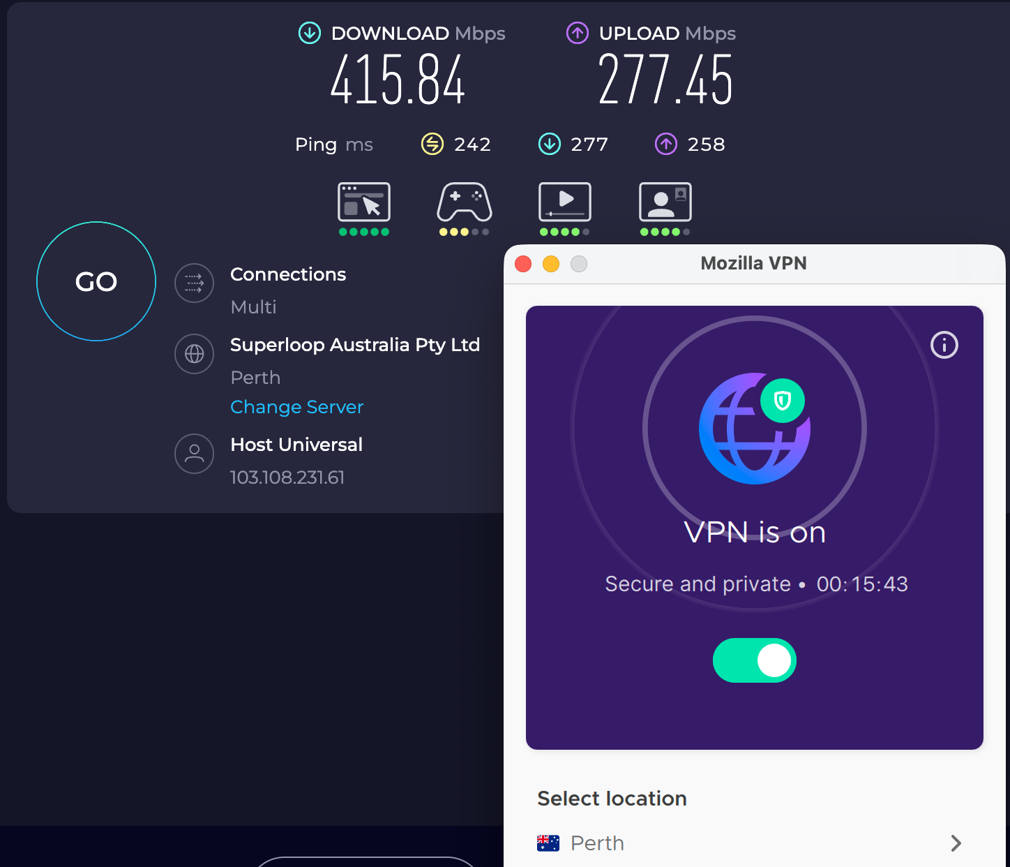 Speed test results for Mozilla VPN while connected to a server in Perth (415.84 download, 277.45 upload, 242 ping)