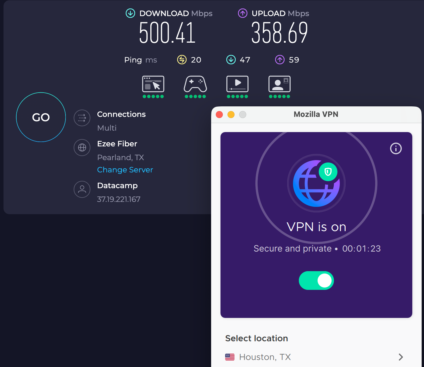 Speed test results for Mozilla VPN while connected to a server in Houston (500.41 download, 358.69 upload, 20 ping).