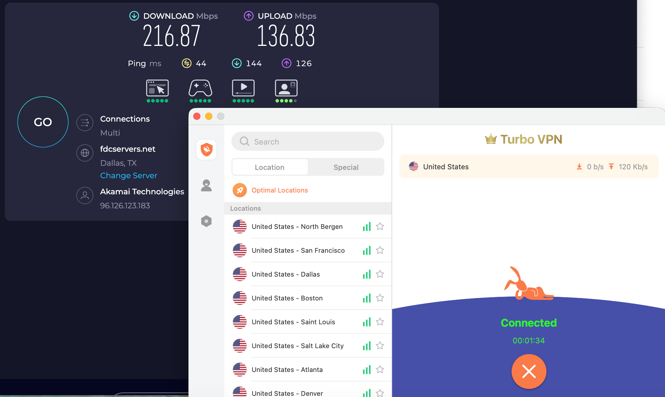 Speed test results for Turbo VPN while connected to a server in Dallas (216.87 download, 136.83 upload, 44 ping).