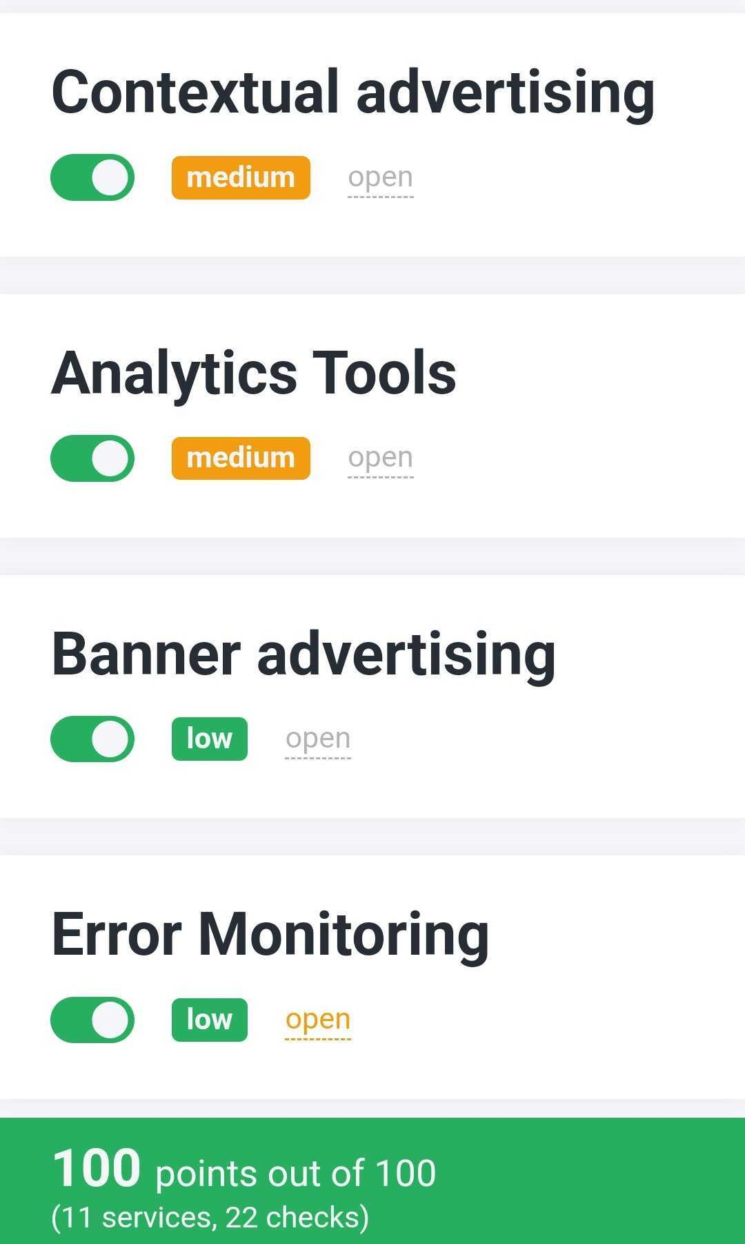 AdClear's Adblock Tester test results (100/100).