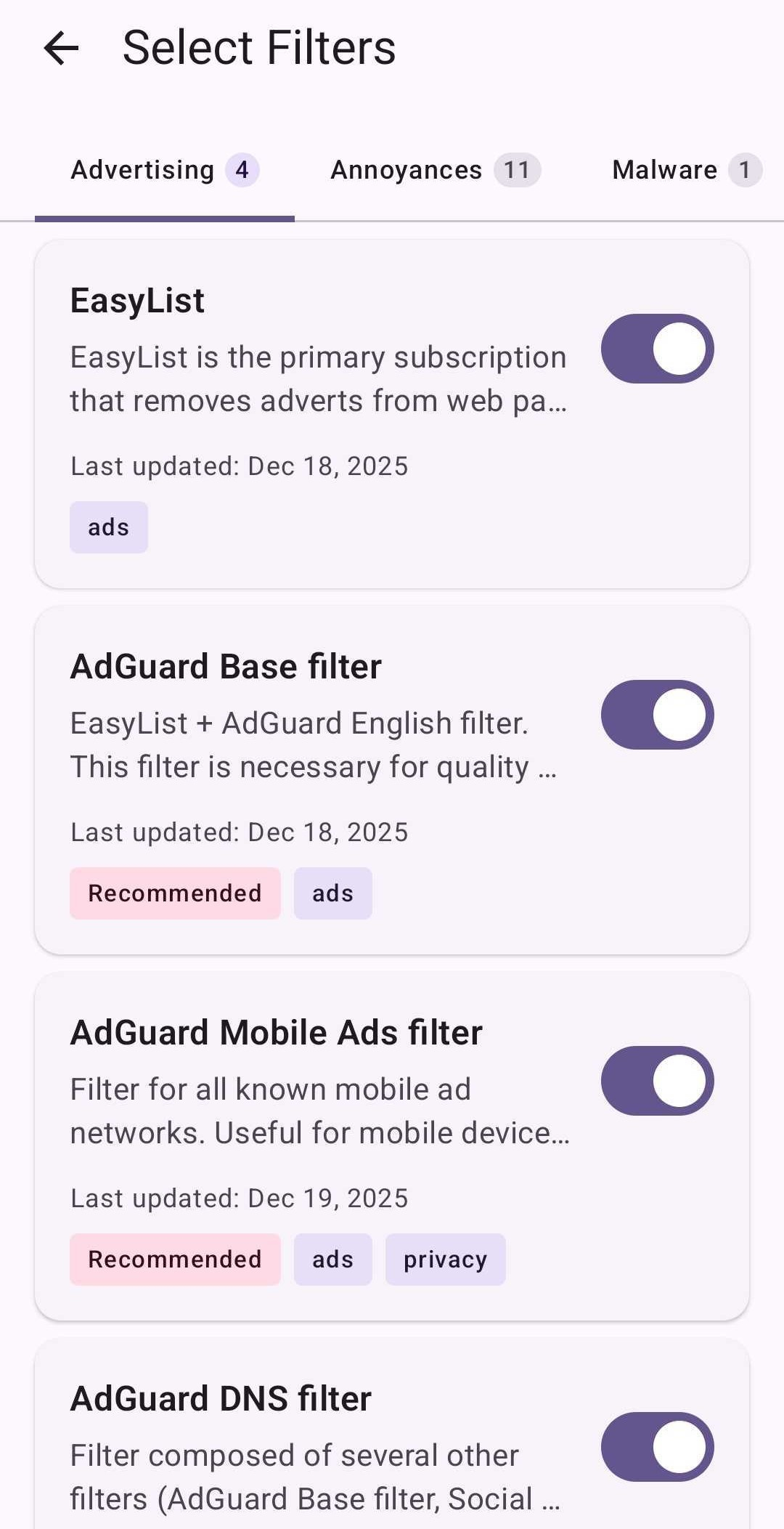 AdClear list of advertising filters