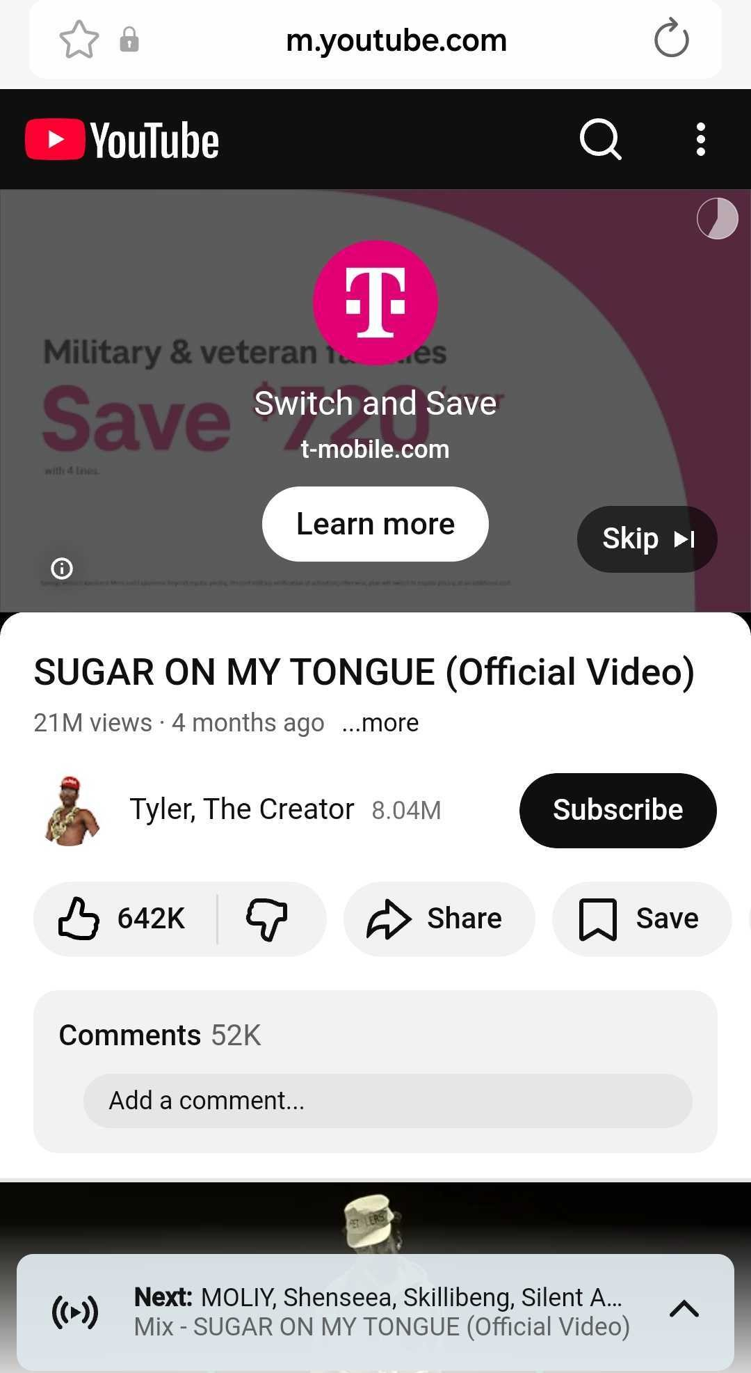 A YouTube video playing a pre-roll ad.