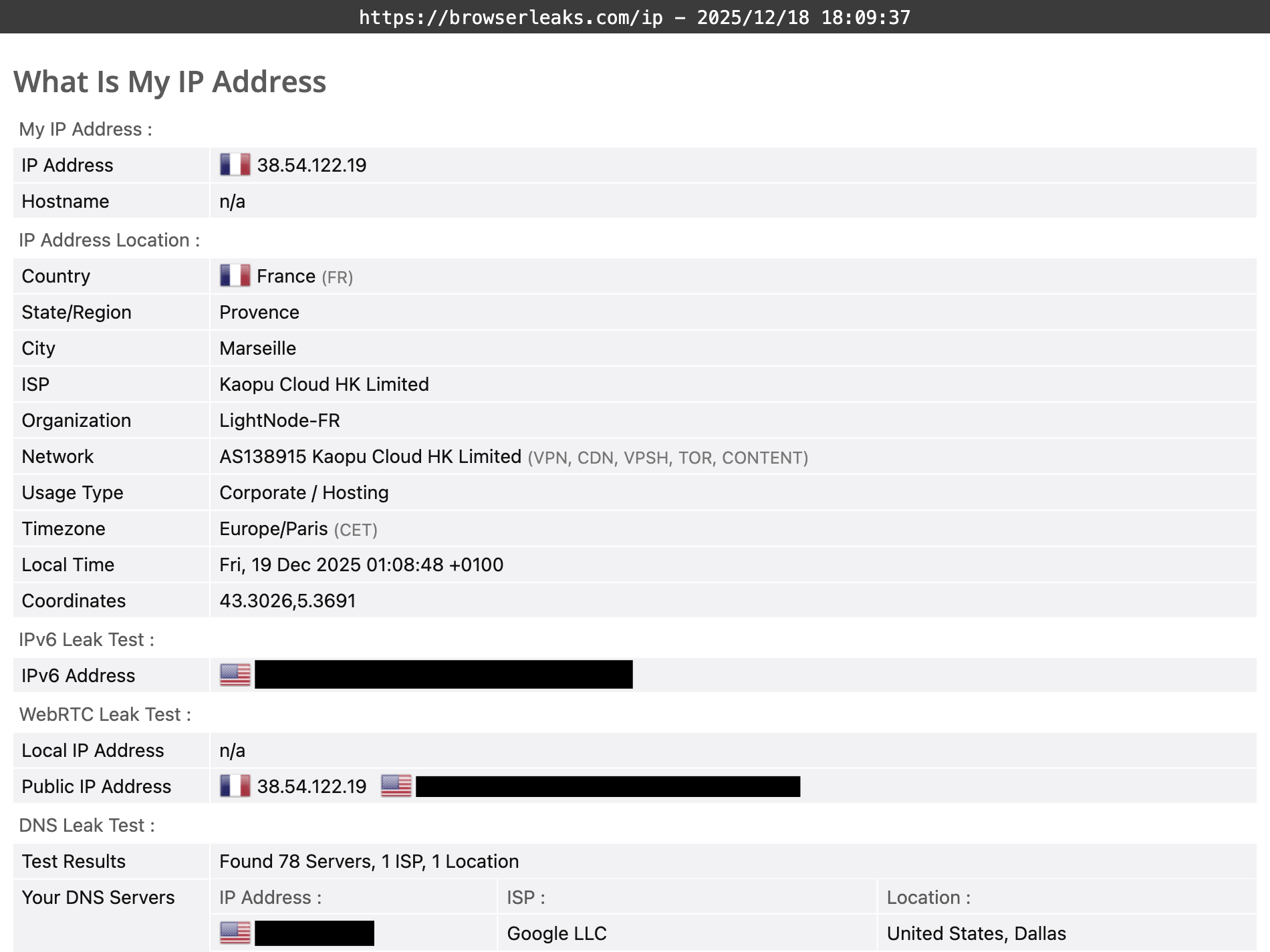 Hide My IP's DNS leak test results (failed). 