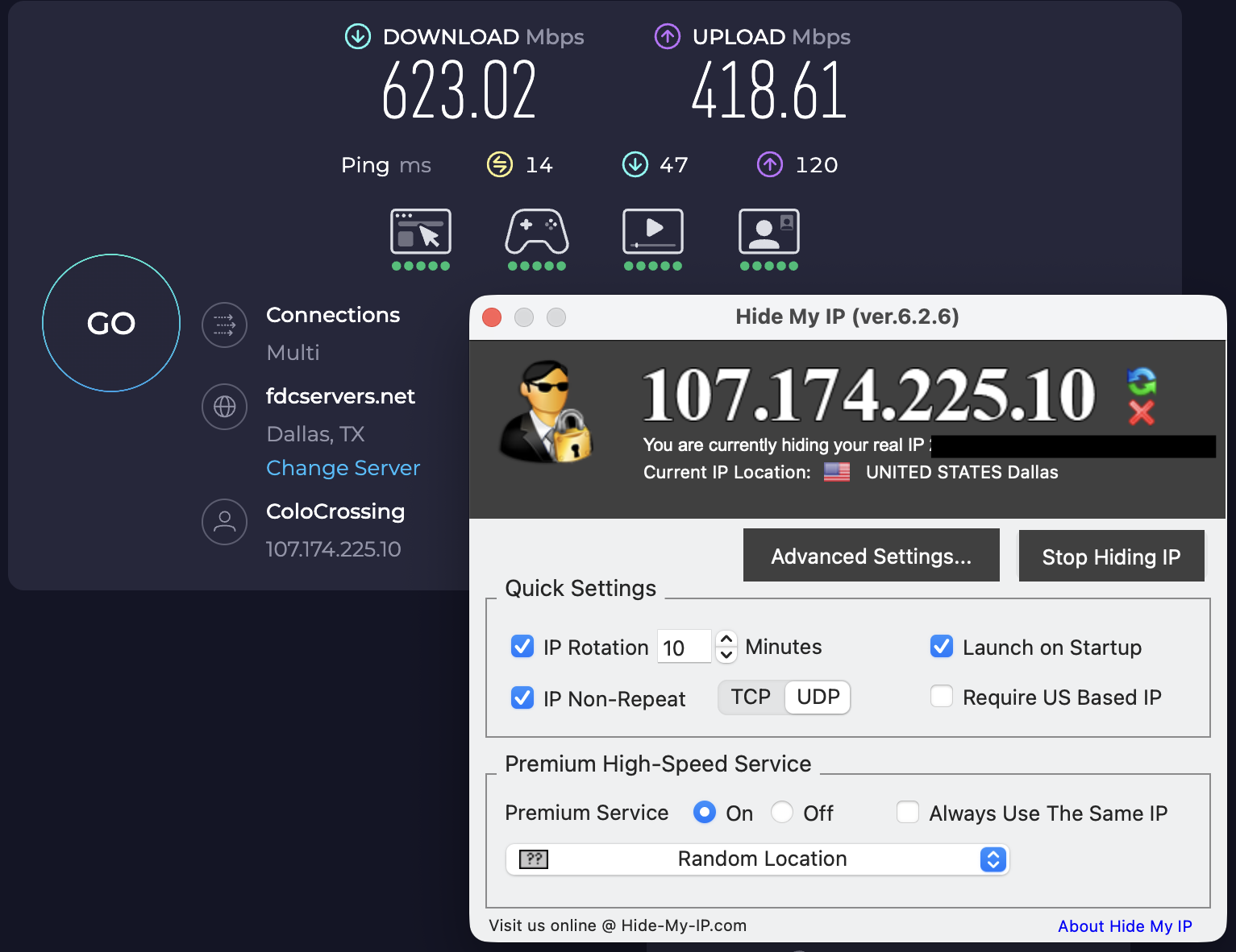 Speed test results for Hide My IP while connected to a server in Dallas (623.02 download, 418.61 upload, 14 latency)