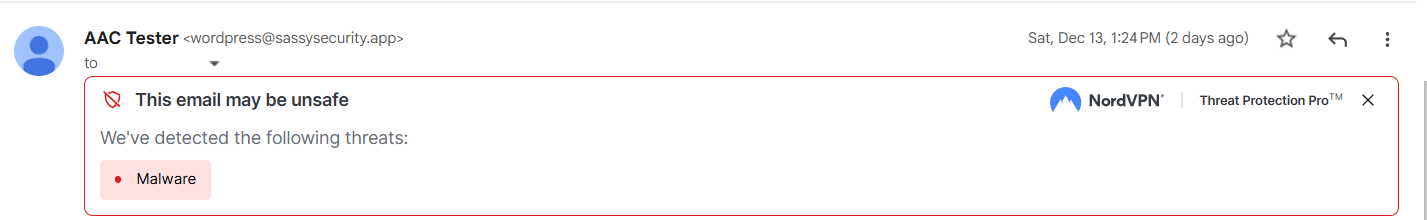 Warning on amail from NordVPN Threat Protection Pro detecting malware