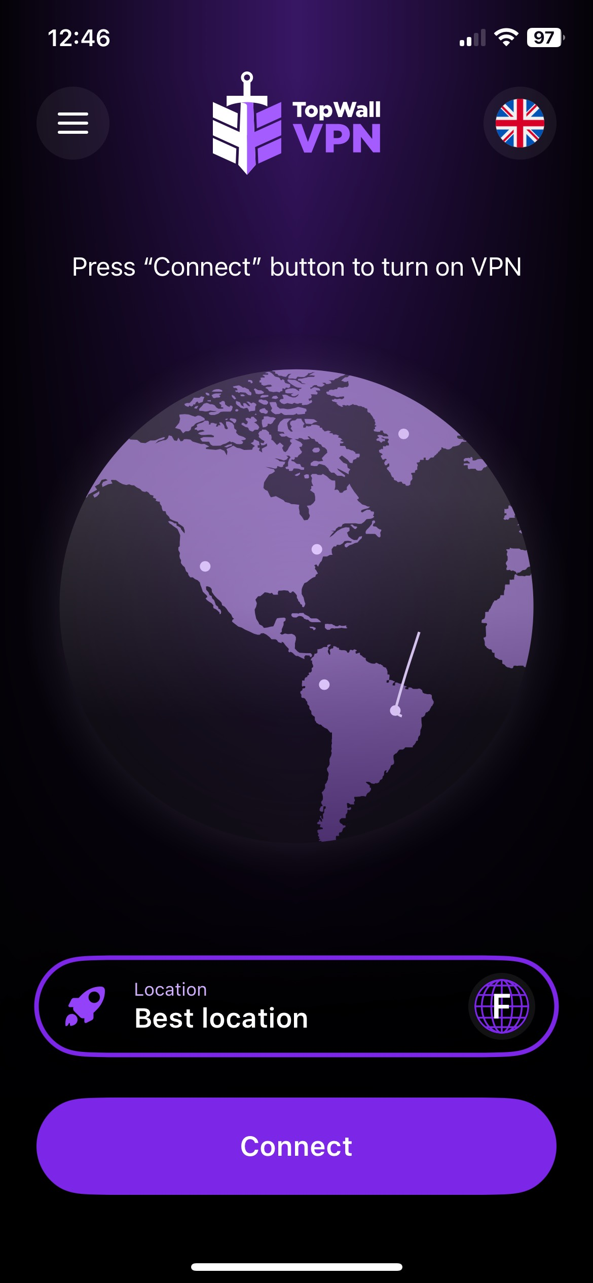 TopWall VPN app dashboard for iPhone