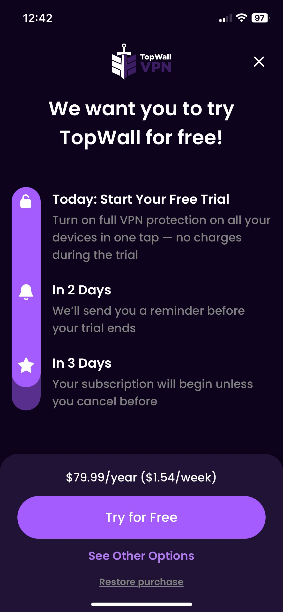 TopWall VPN makes you sign up for afree trial that automatically renews at the annual price