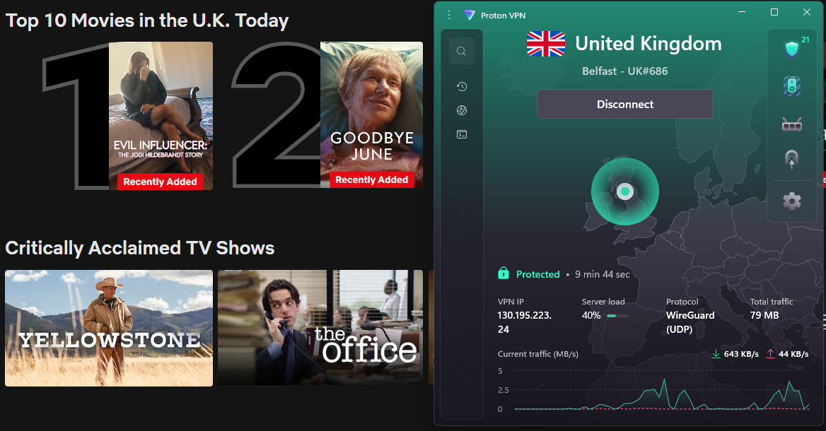 Netflix list of top movies in the U.K. today with Proton VPN in the foreground