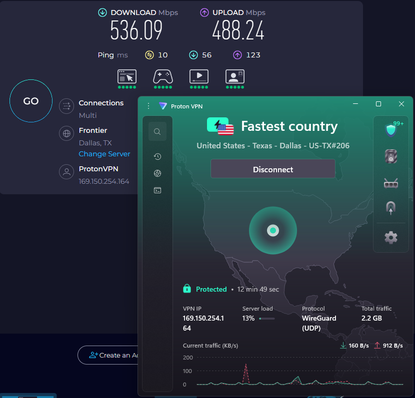 Speed test results for Proton VPN while connected to a Dallas server (536.09 download, 448.25 upload, 10 ping).