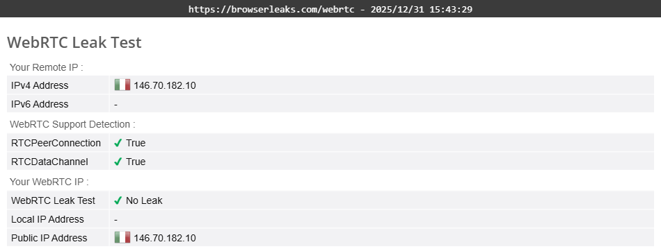 Proton VPN's WebRTC leak test results (pass)