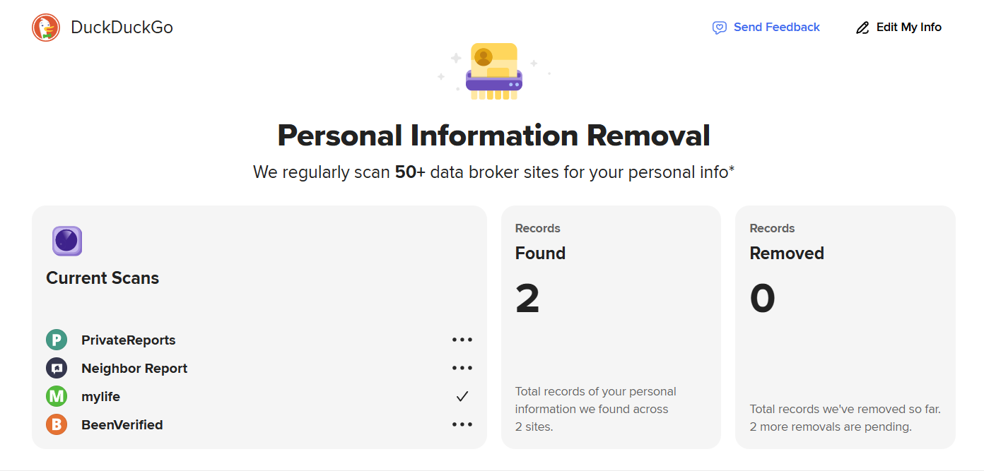 DuckDuckGo personal information removal dashboard