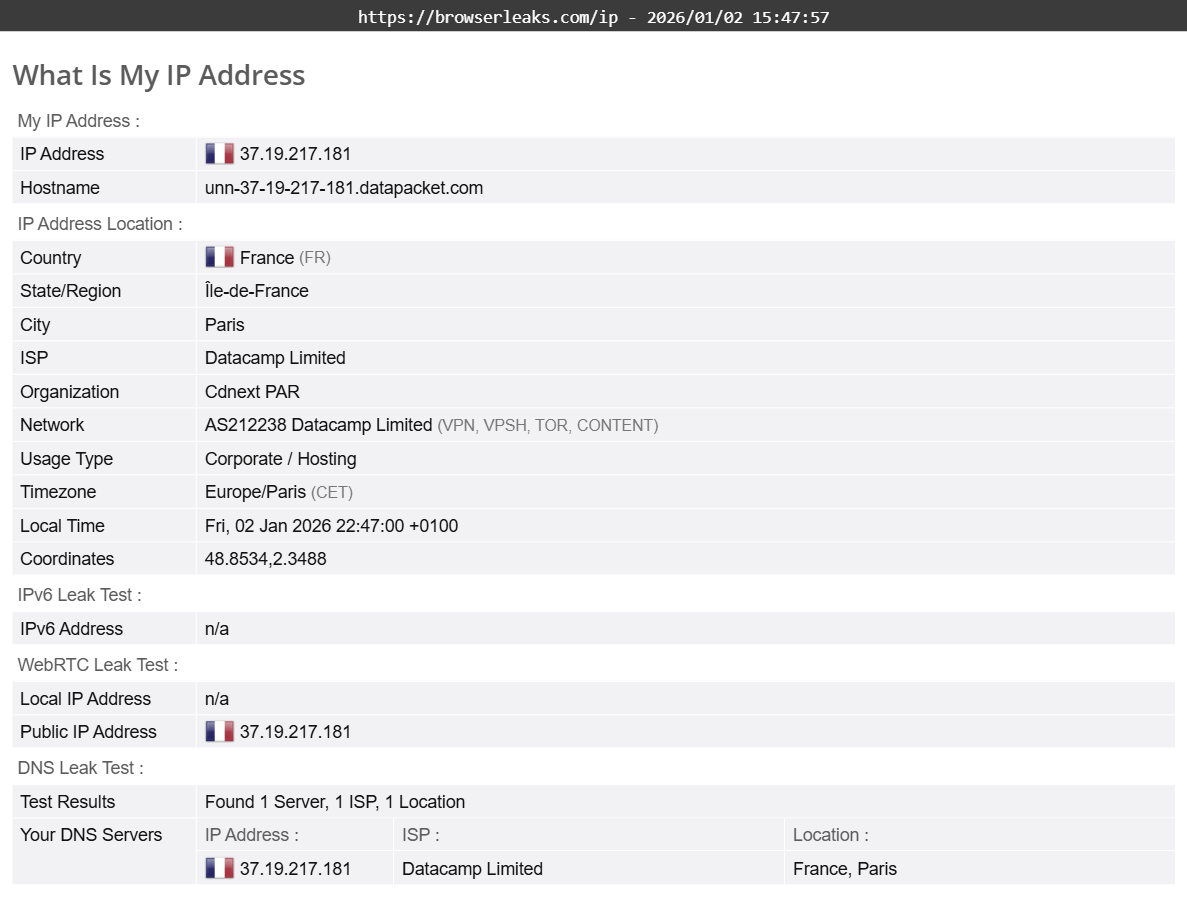 DuckDuckGo VPN's DNS leak test results (passed).