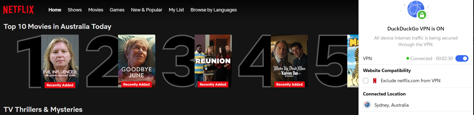 Netflix list of top shows in Australia today with DuckDuckGo VPN in the foreground