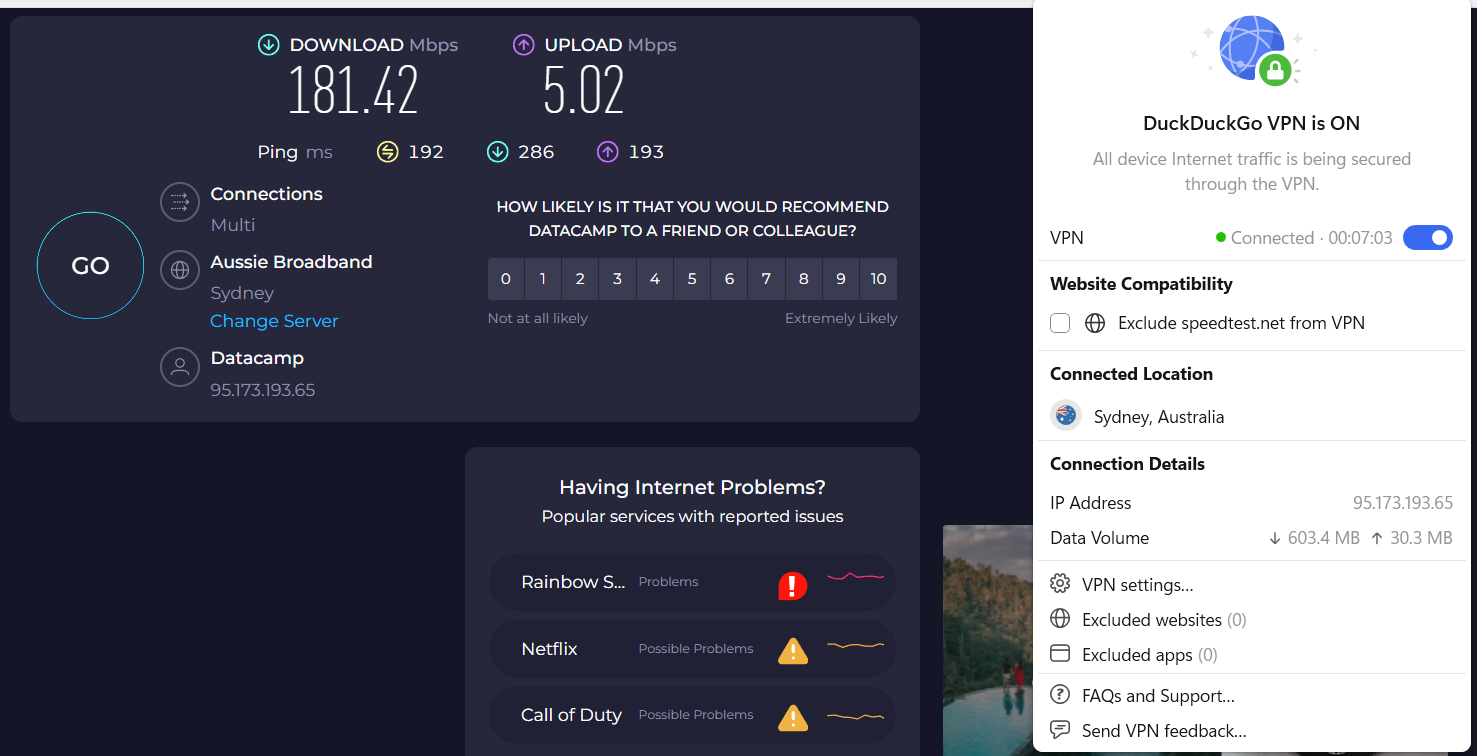 Speed test results for DuckDuckGo VPN while connected to a server in Sydney (181.42 download, 5.02 upload, 192 ping)