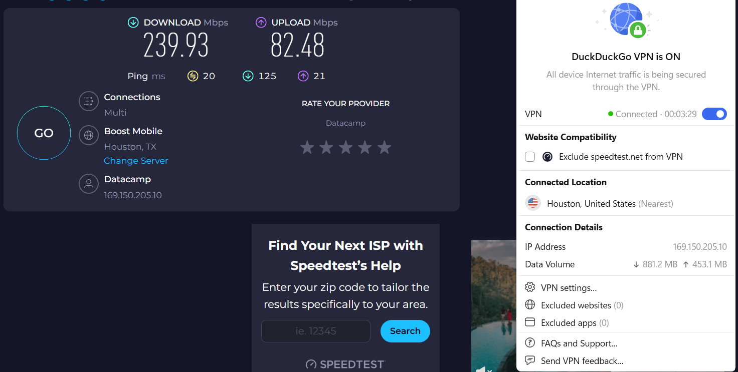 Speed test results for DuckDuckGo VPN while connected to a server in Houston (239.93 download, 82.48 upload, 20 latency)