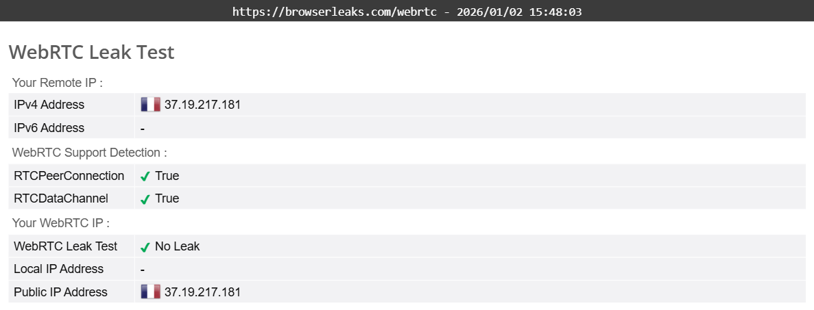 DuckDuckGo VPN's WebRTC leak test results (passed).