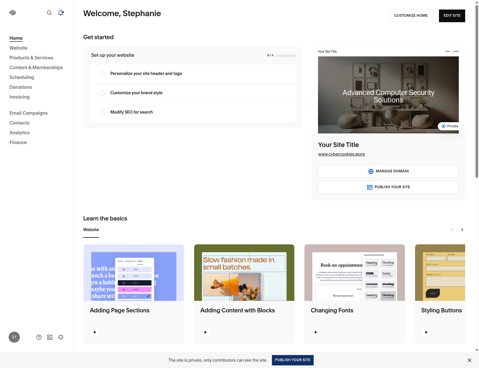 Squarespace homepage with design guides