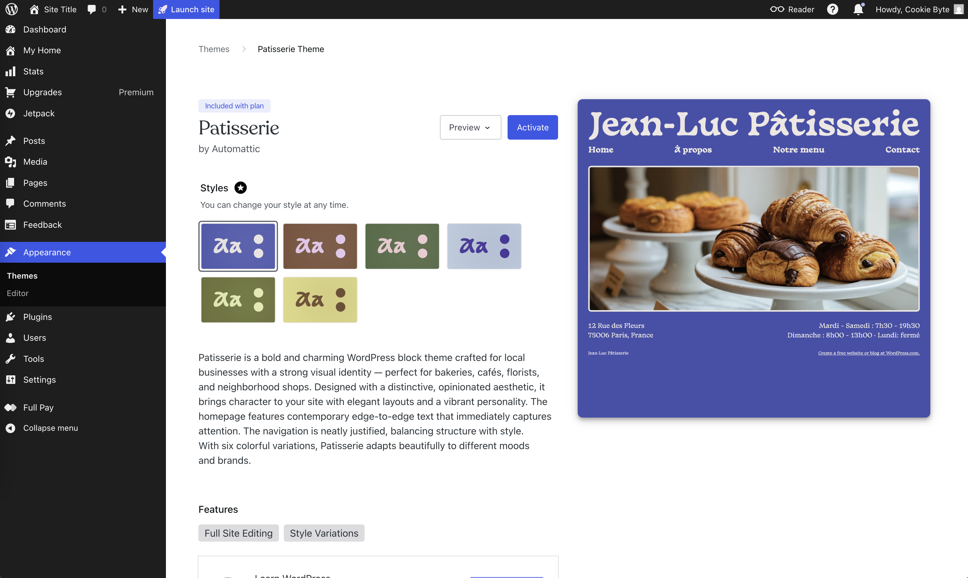Activating a new WordPress theme for All About Cookies test website 