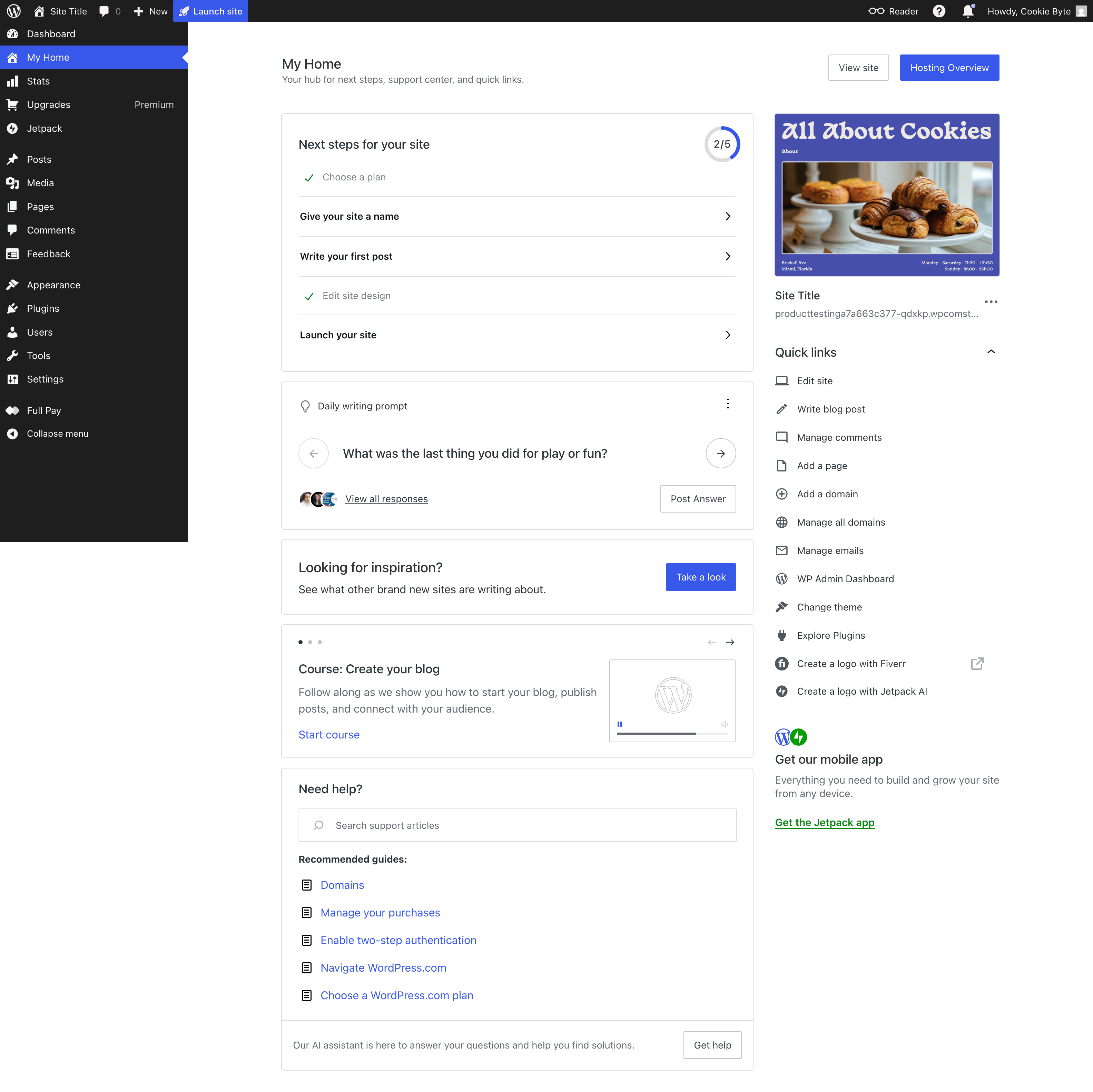 WordPress.com WP-Admin dashboard for All About Cookies