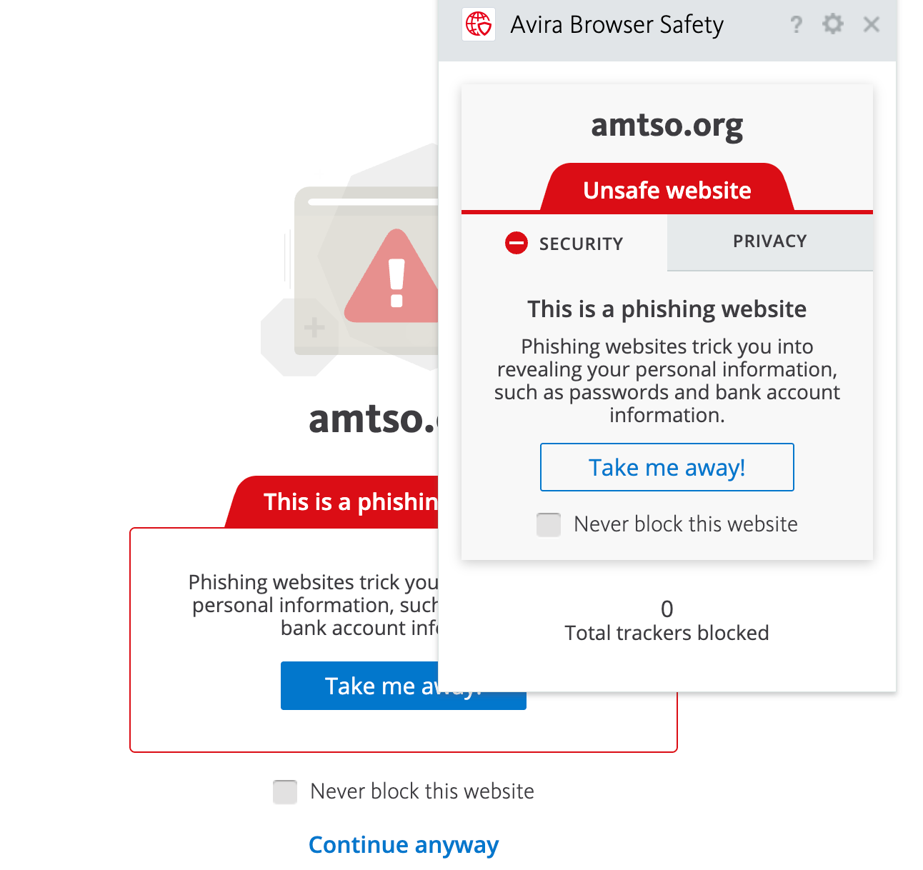 Avira Browser Security flagging the EICAR page as a phishing website