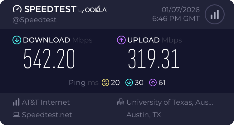 Baseline speed test before testing CyberGhost (542.20 download, 319.31 upload, 20 ping)