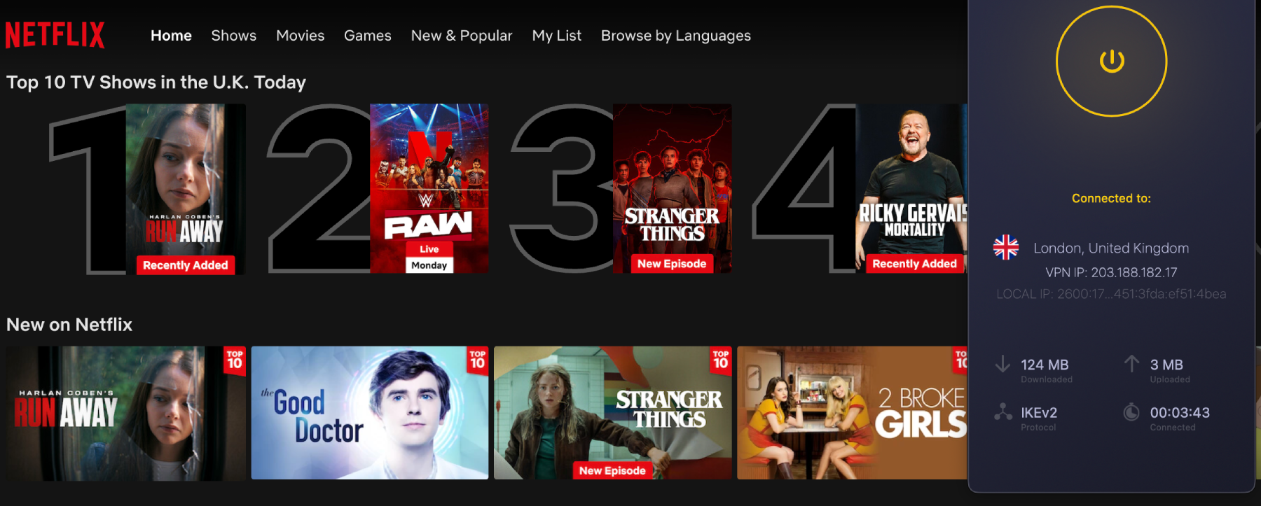 Netflix list of top shows in the U.K. today with CyberGhost in the foreground