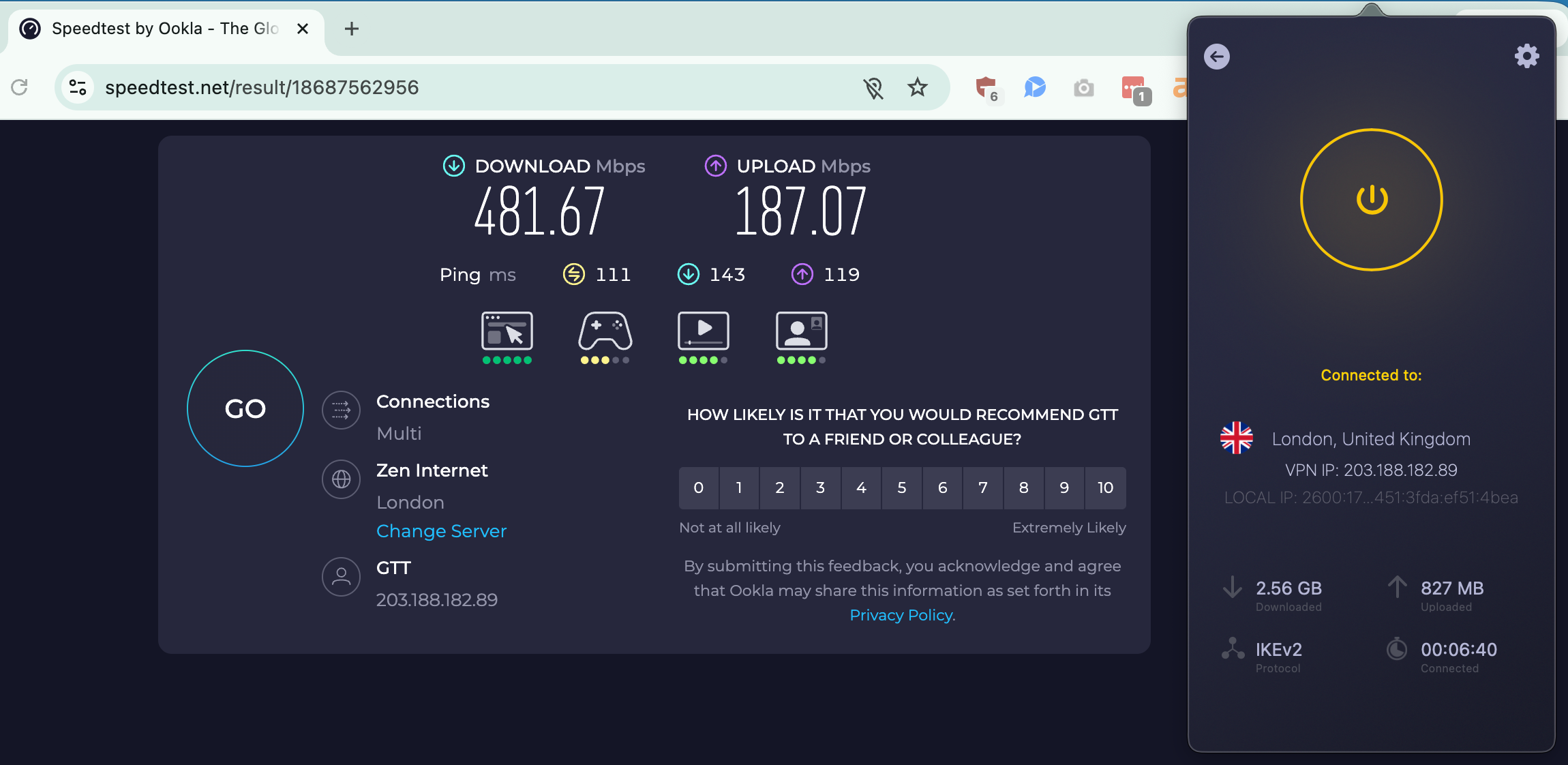 Speed test results for CyberGhost while connected to a London server (481.67 download, 187.07 upload, 111 ping) 