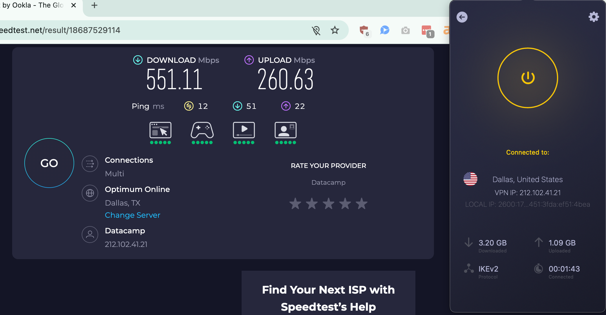 Speed test results for CyberGhost while connected to a Dallas server (551.11 download, 260.63 upload, 12 ping) 
