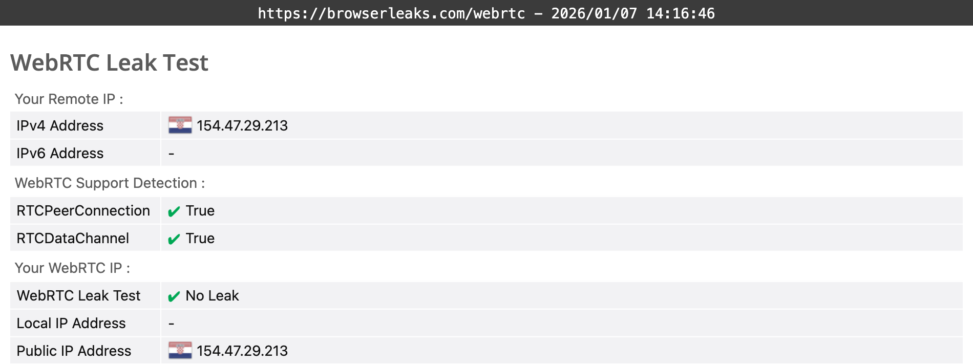 CyberGhost's WebRTC leak test results (pass)