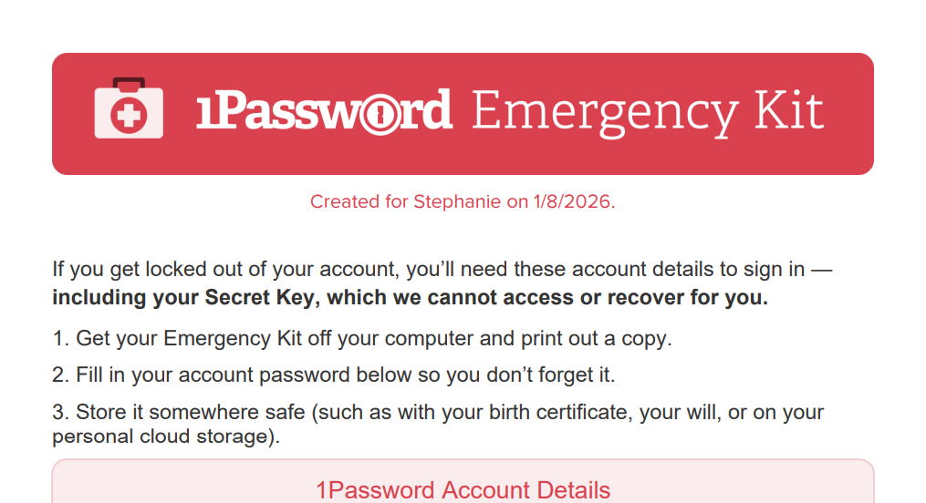 1Password Emergency Kit with instructions