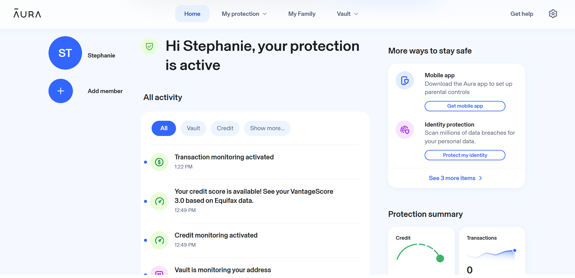 Aura dashboard main page