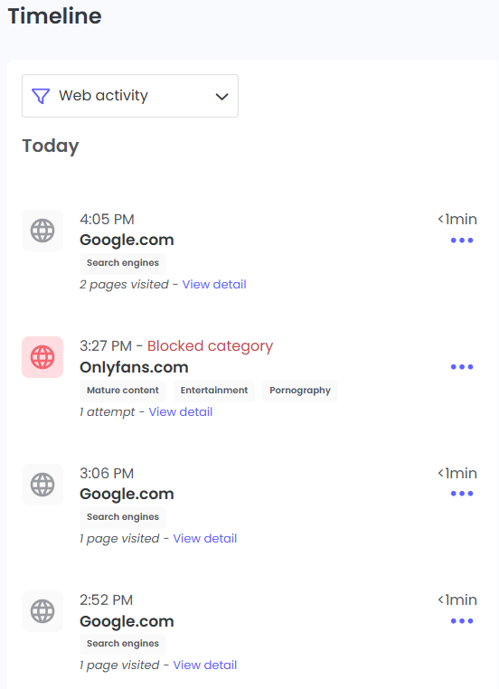 Qustodio timeline of web activity