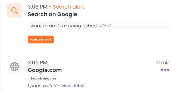 Qustodio timeline showing a search alert and page visited 
